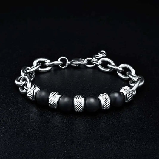 New Men's Adjustable Natural Stone Bead Stainless Steel Bracelet