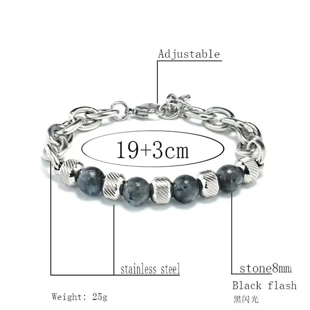 New Men's Adjustable Natural Stone Bead Stainless Steel Bracelet