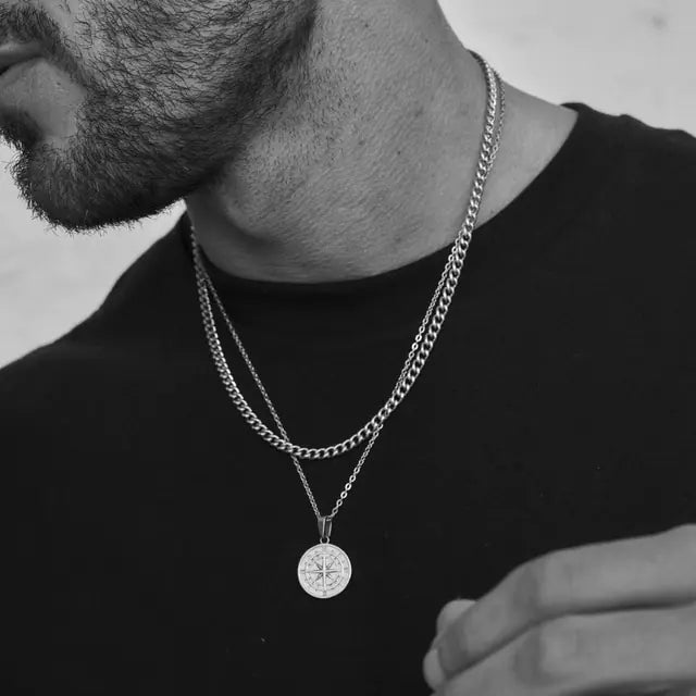 Men's Compass Layered Chain Necklaces