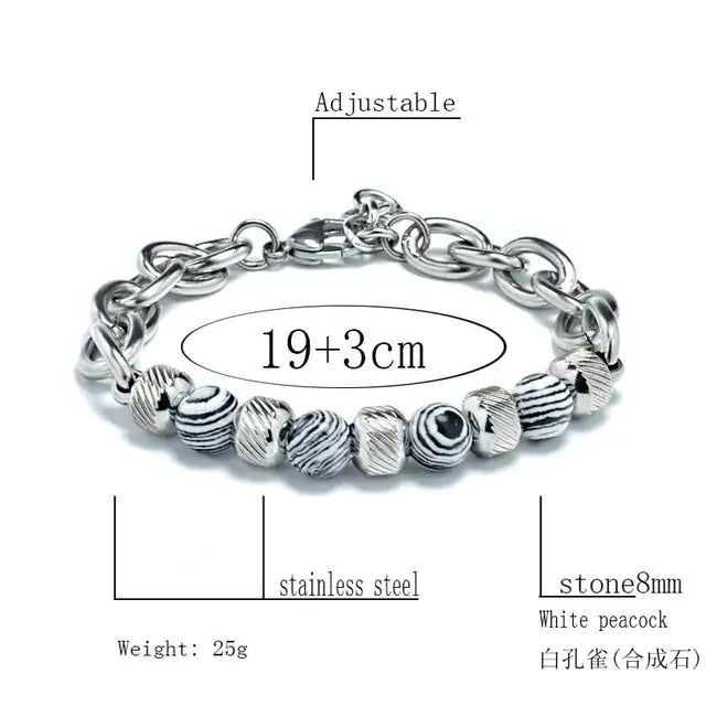 New Men's Adjustable Natural Stone Bead Stainless Steel Bracelet