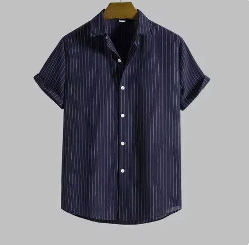 Men's Casual Striped Shirt Short Sleeve Turn-down Collar Tops