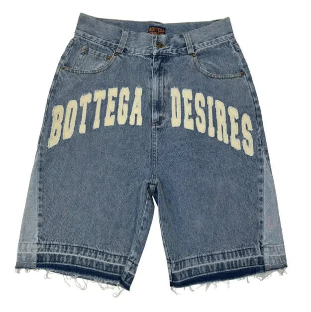 Unisex Retro Letter Embroidered Denim Shorts